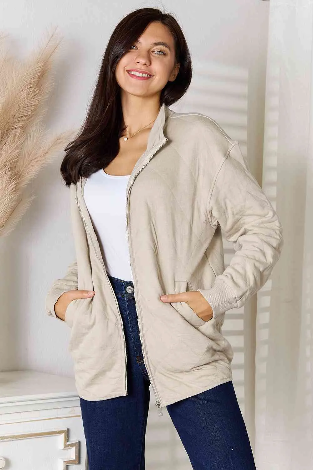 Beige Zip-Up Jacket with Pockets