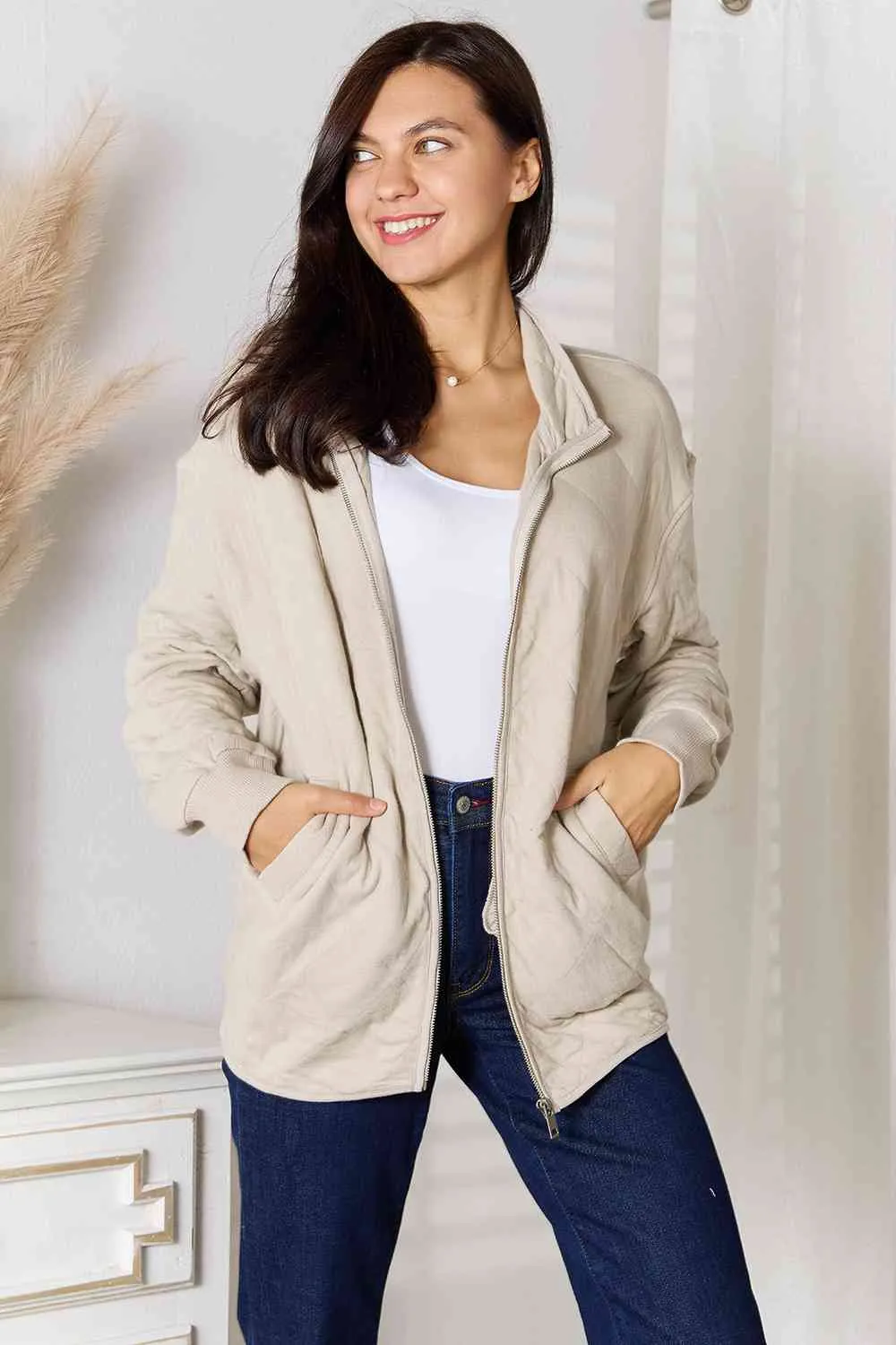 Beige Zip-Up Jacket with Pockets