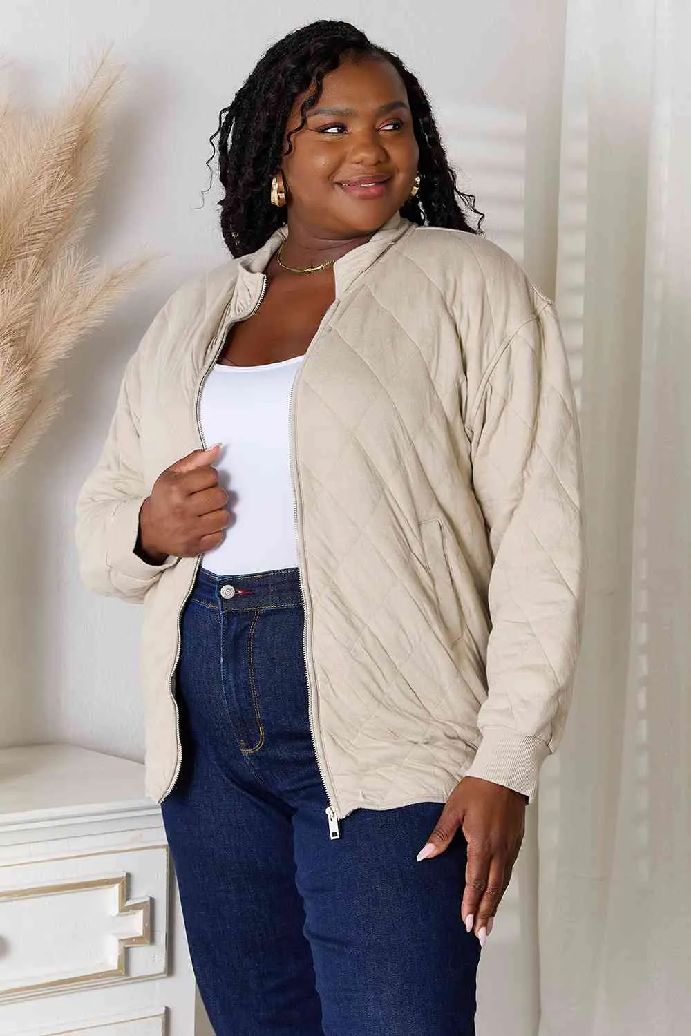 Beige Zip-Up Jacket with Pockets