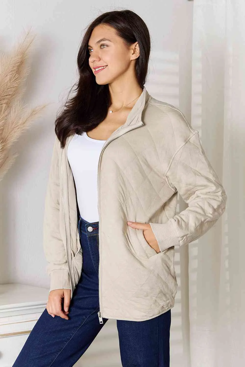 Beige Zip-Up Jacket with Pockets