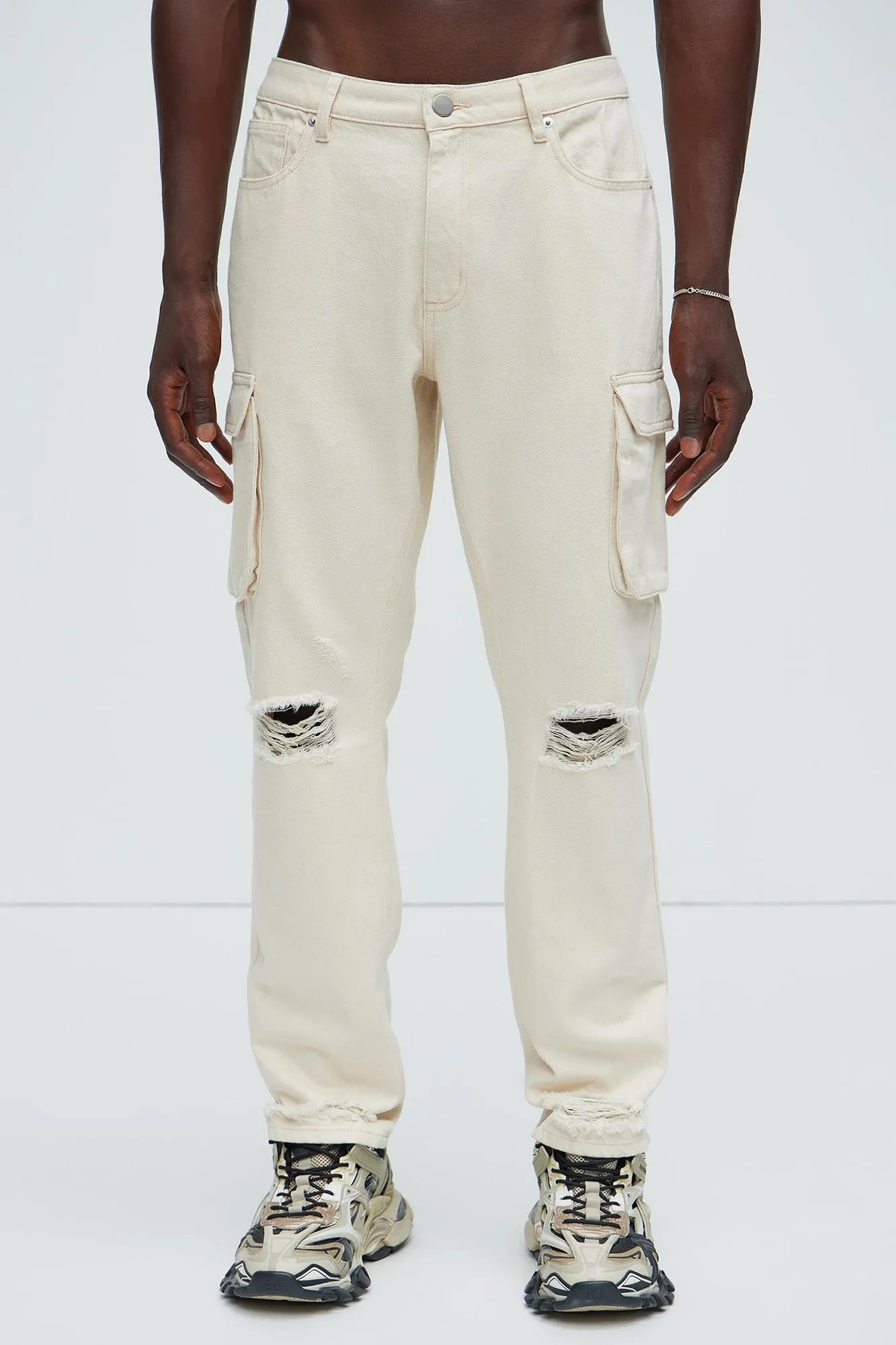 Benson Distressed Slim Cargo Pants - Cream