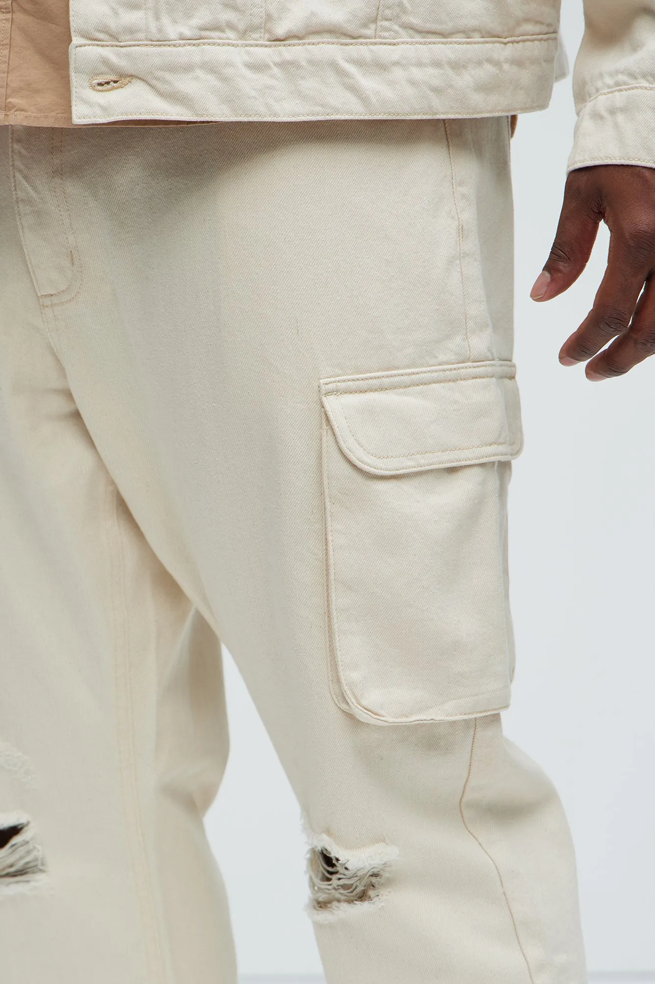 Benson Distressed Slim Cargo Pants - Cream