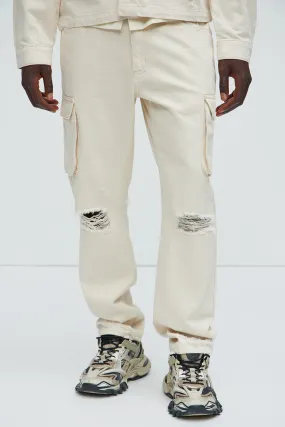 Benson Distressed Slim Cargo Pants - Cream