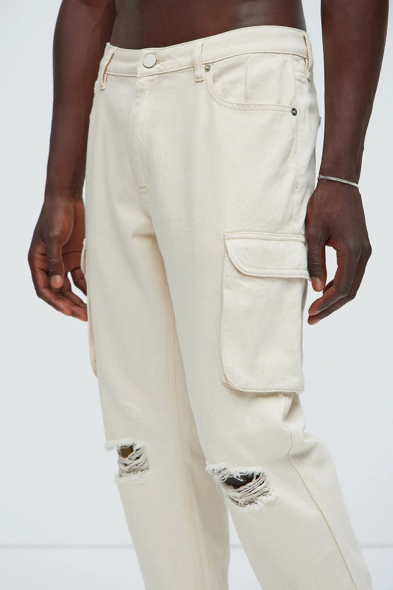 Benson Distressed Slim Cargo Pants - Cream