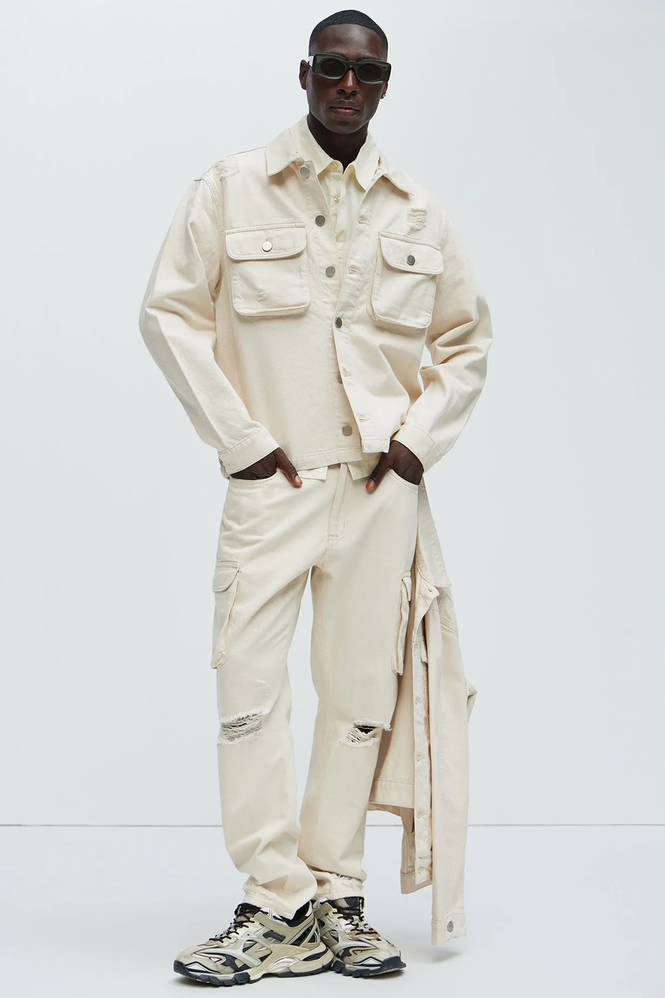 Benson Distressed Slim Cargo Pants - Cream