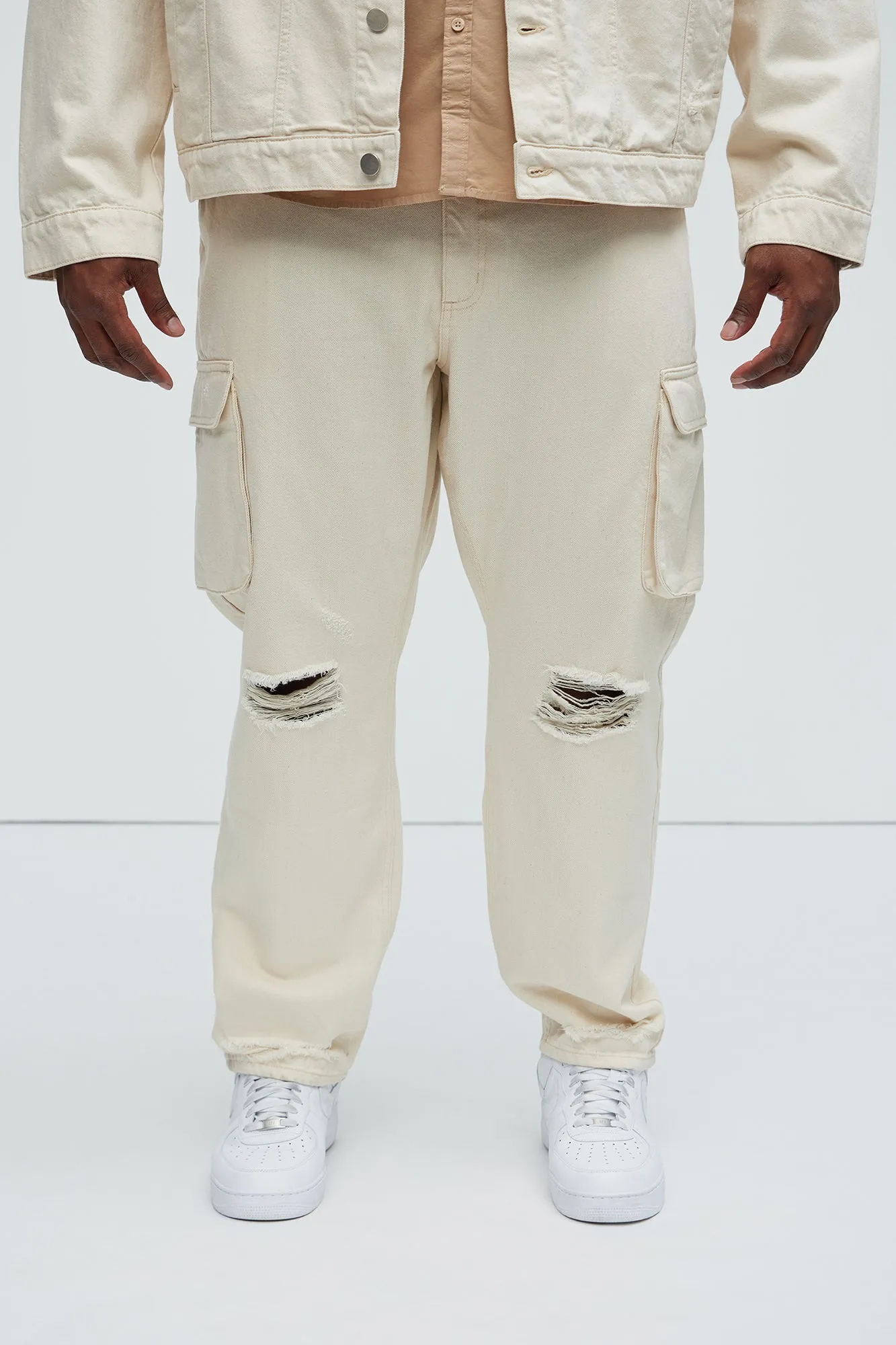 Benson Distressed Slim Cargo Pants - Cream