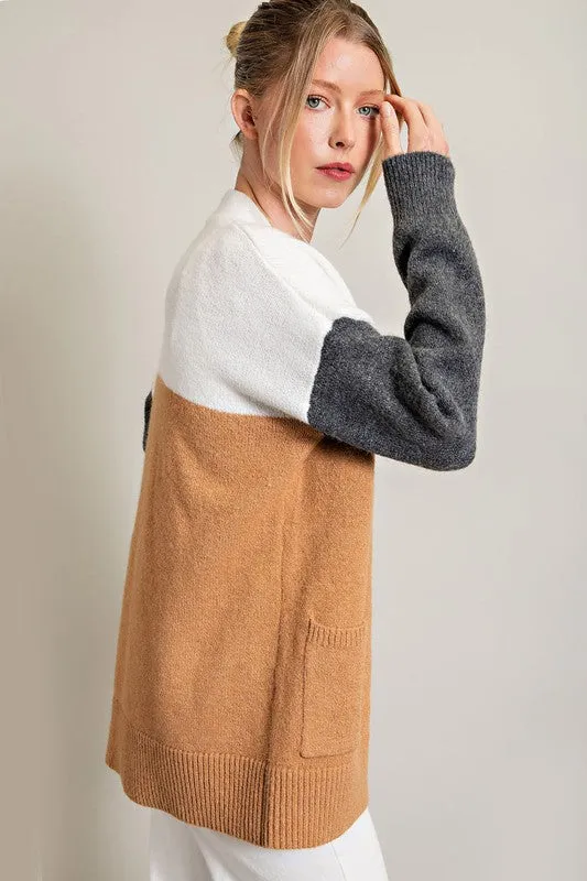 Camel Color Block Pocket Cardigan