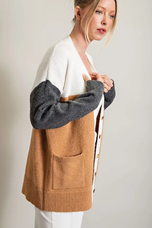 Camel Color Block Pocket Cardigan