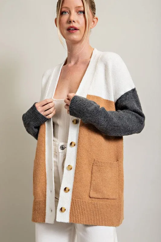 Camel Color Block Pocket Cardigan