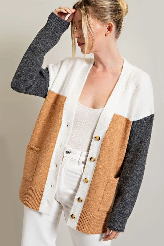 Camel Color Block Pocket Cardigan