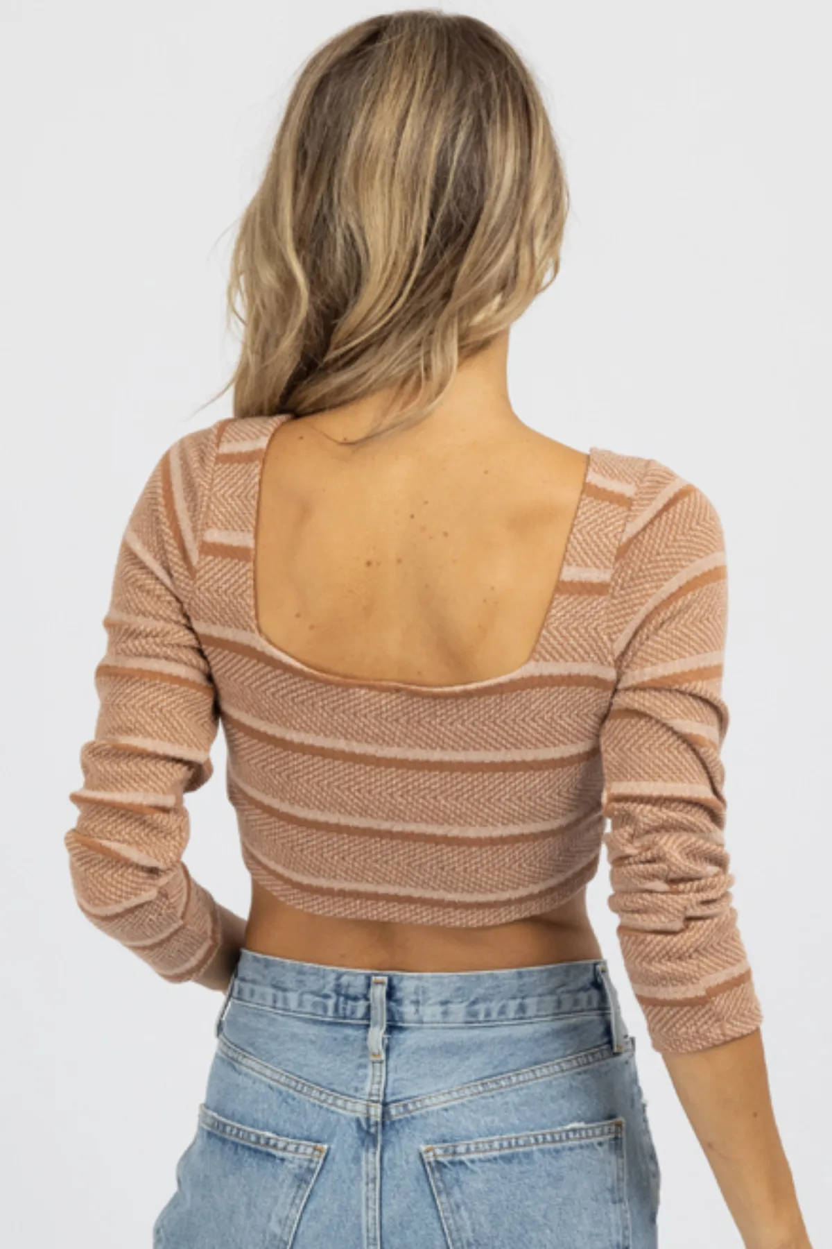 CAMEL   TAUPE STRIPED KNIT SQUARENECK CROP