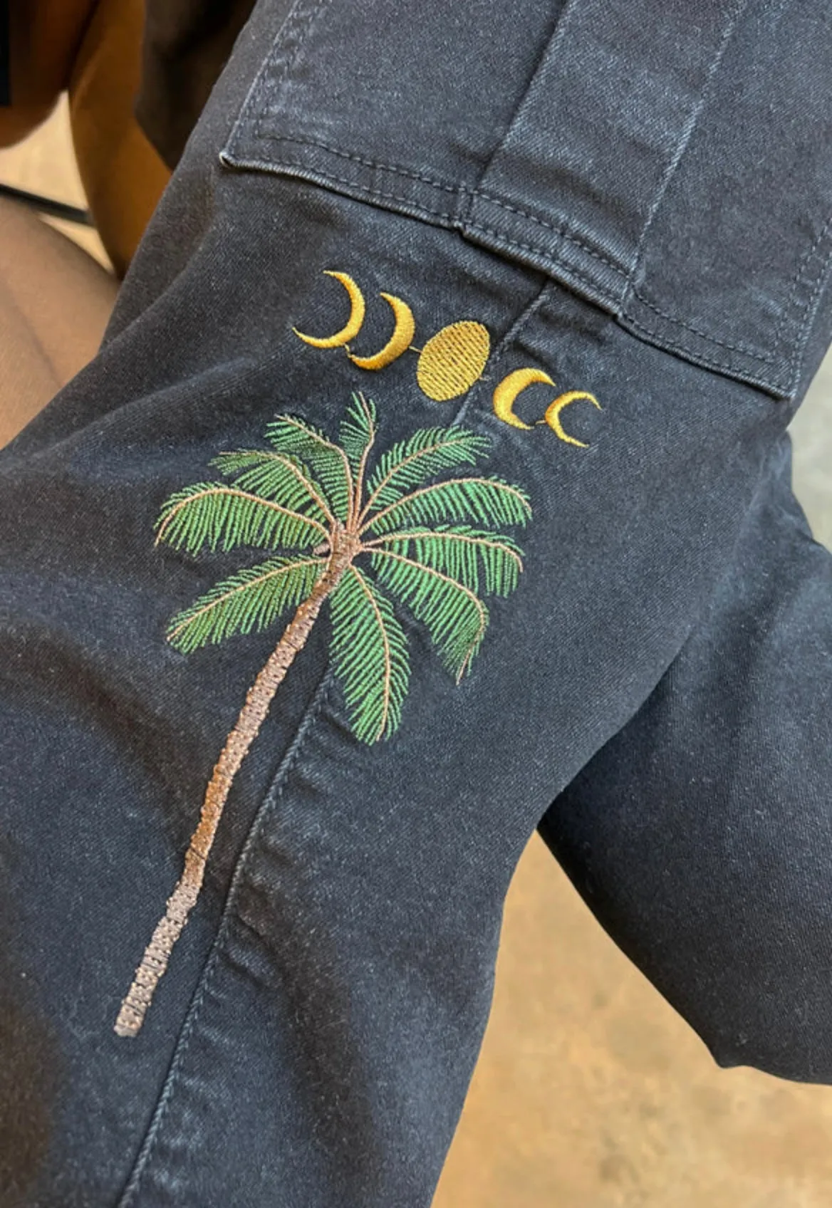 Cargo Black Jean with Embroidery