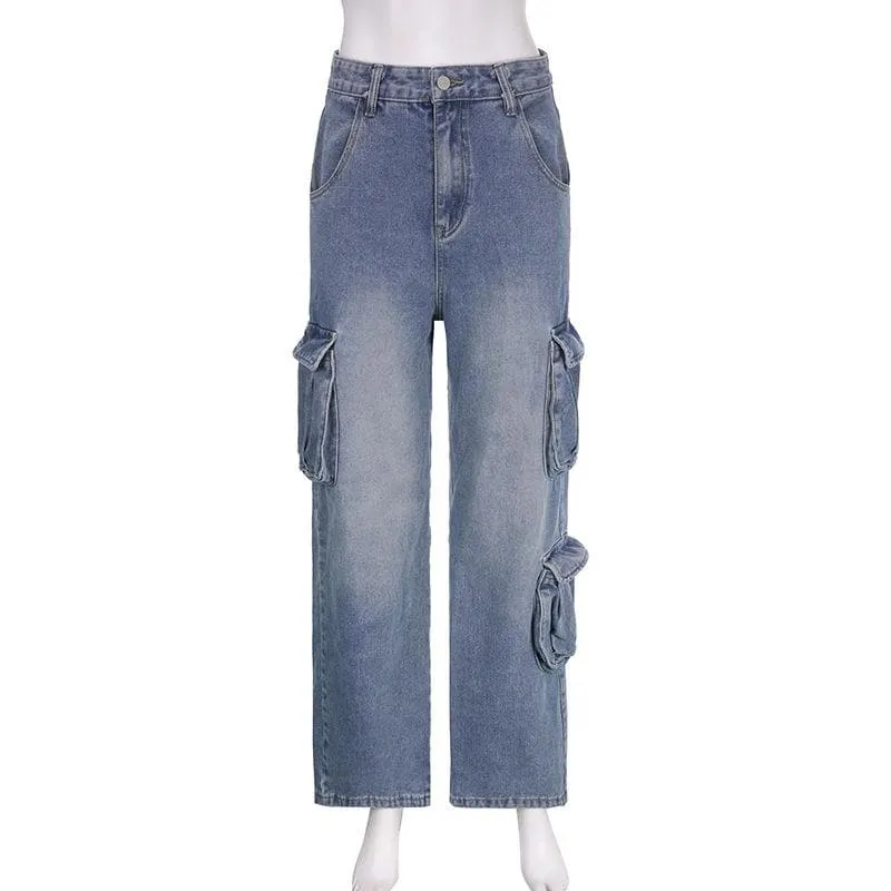 Cargo pocket button high rise straight leg jeans