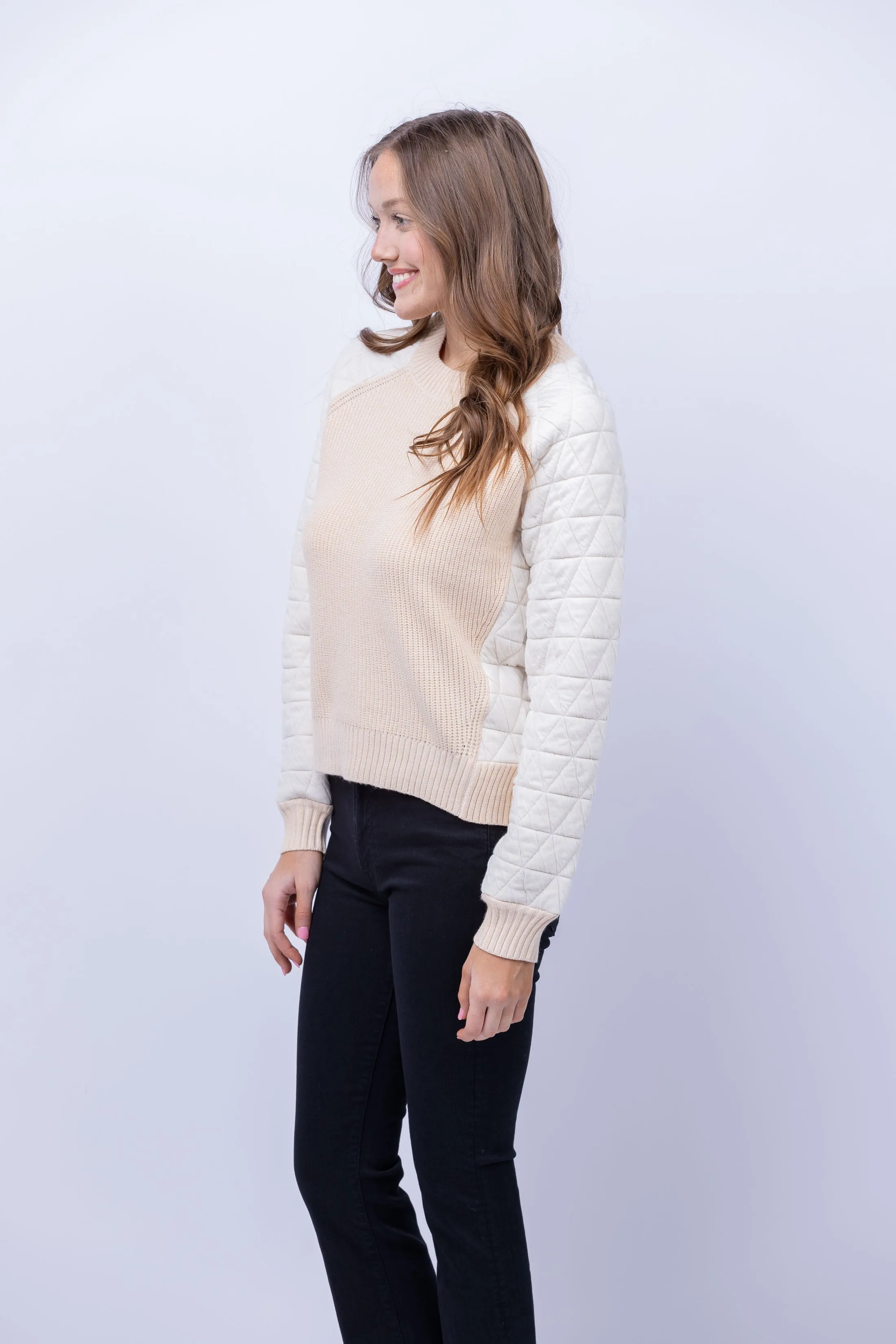 Central Park West Mixed Media Crewneck Sweater in Ivory