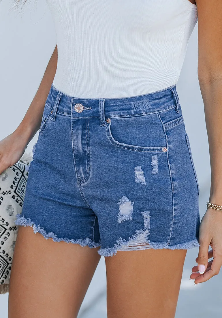 Classic Blue Women's High Waisted Denim Distressed Jeans Shorts Frayed Raw Hem Ripped Shorts