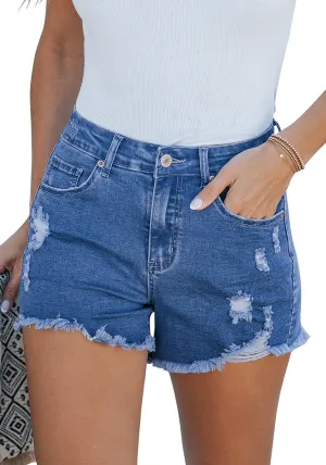 Classic Blue Women's High Waisted Denim Distressed Jeans Shorts Frayed Raw Hem Ripped Shorts