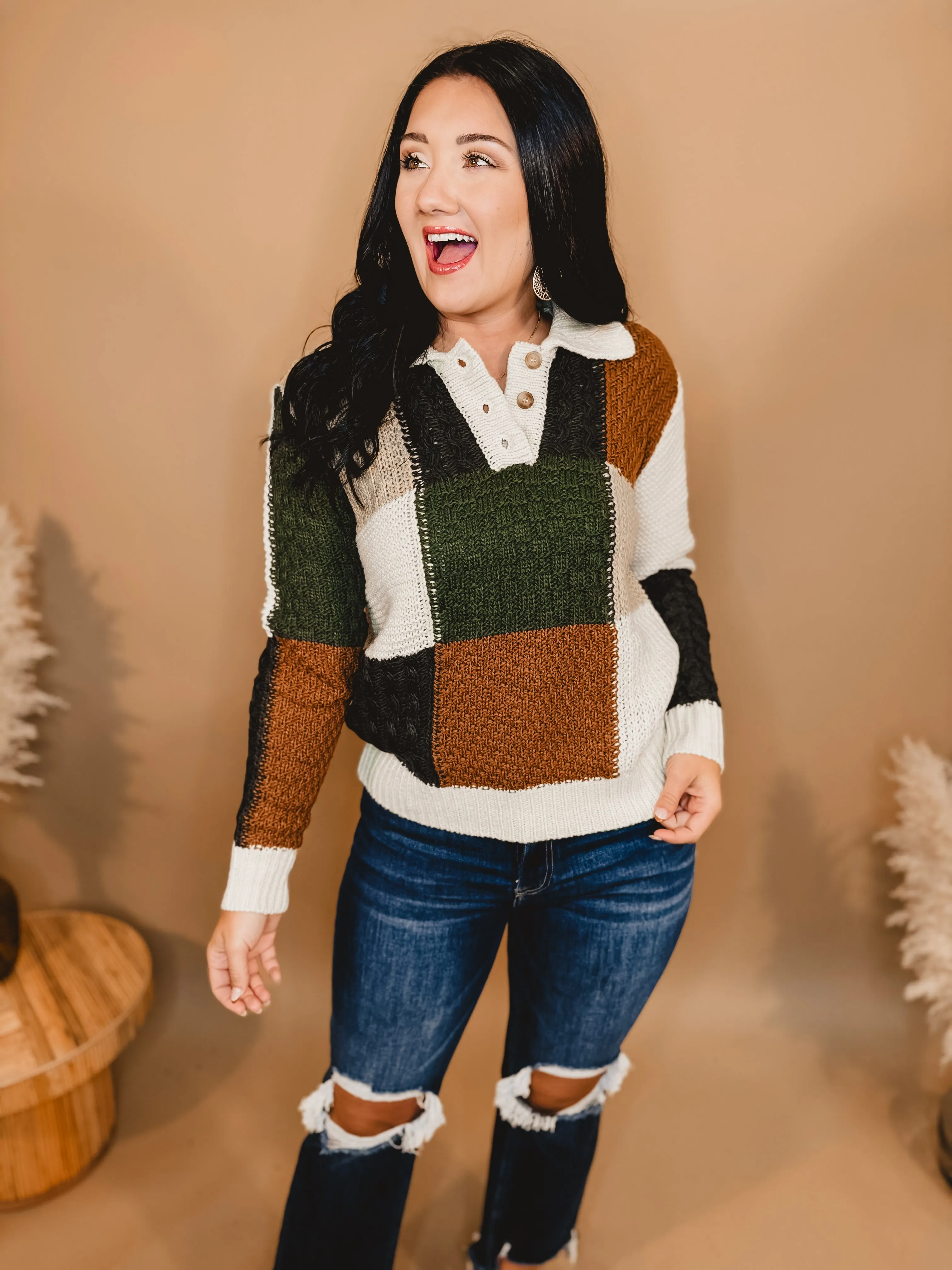 Color Block Button Up Sweater - Ecru