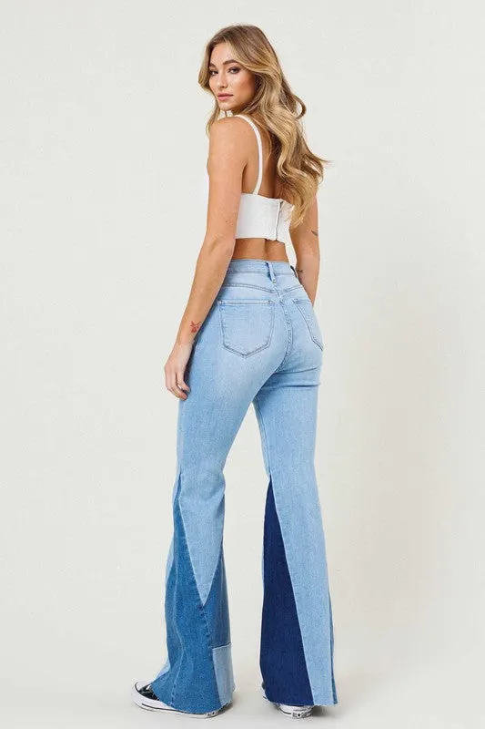 Color Block Side Slit Flare Jeans