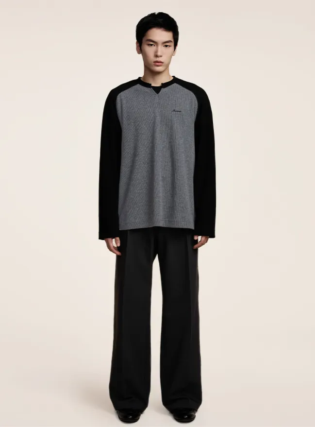 Contrast Spliced Waffle Knit Long Sleeve T-Shirt