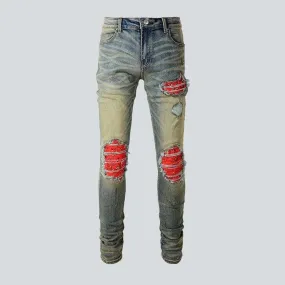 Cracked patch skinny men's jeans