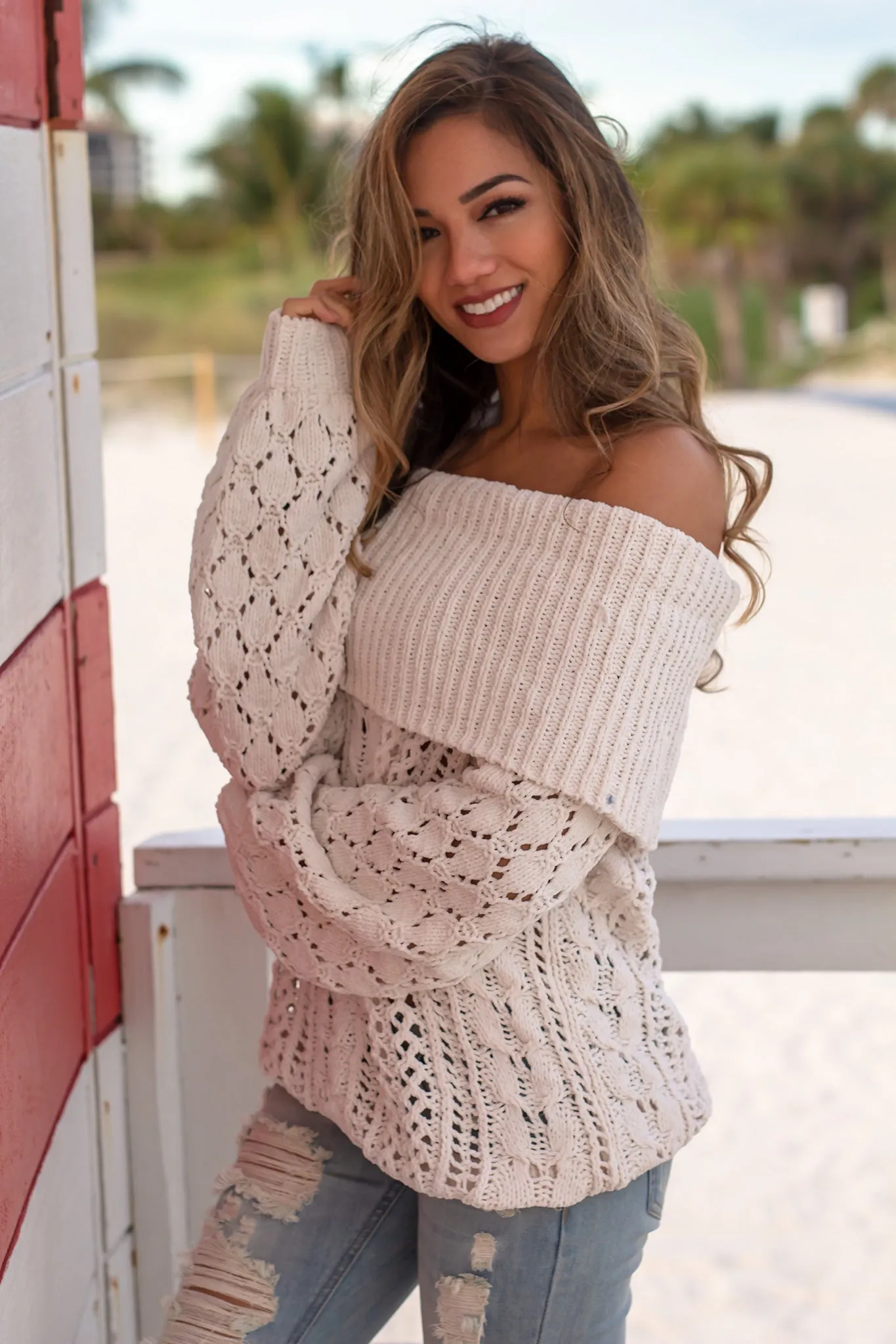 Cream Off Shoulder Crochet Sweater