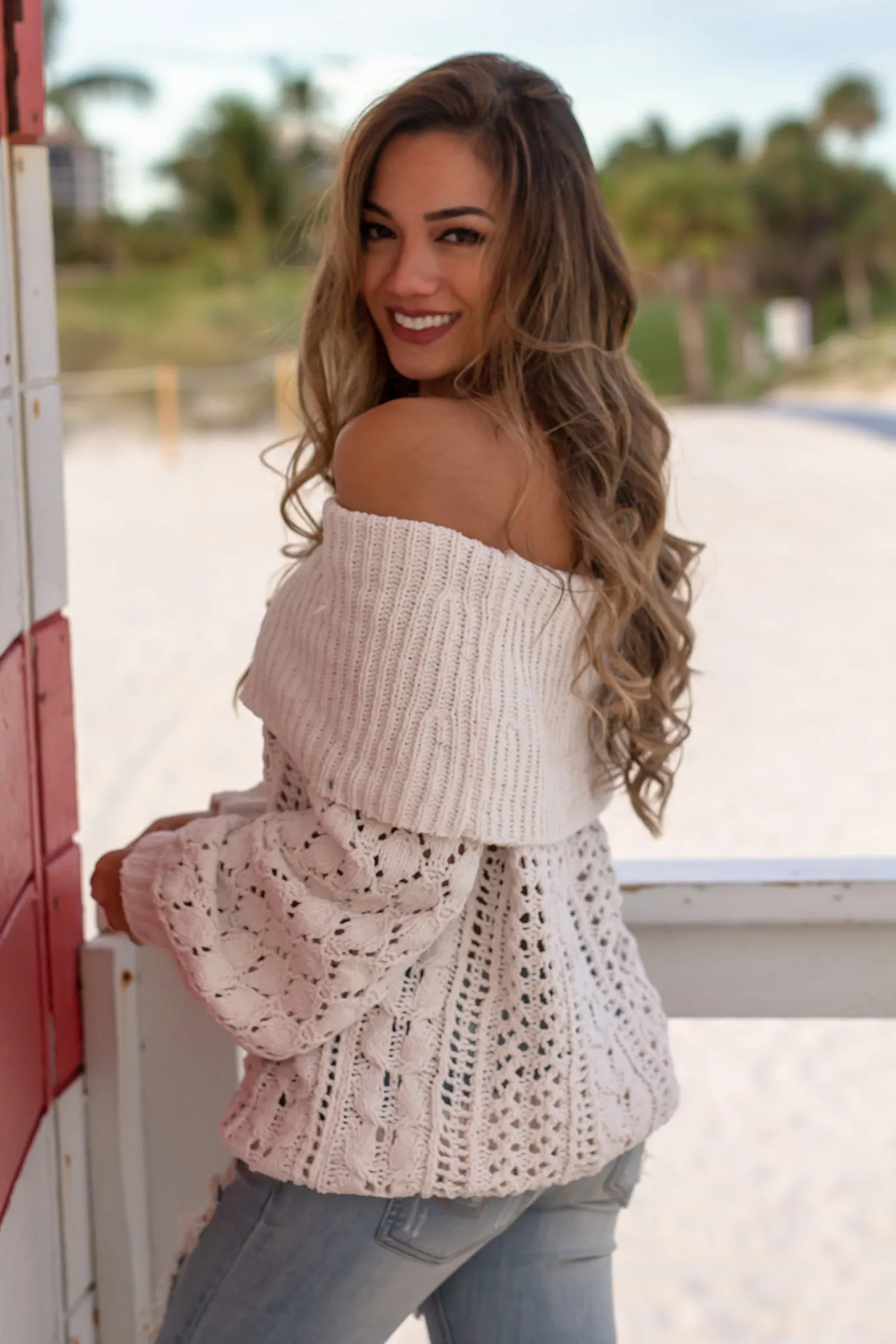 Cream Off Shoulder Crochet Sweater