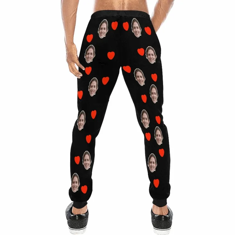 Custom Face Love Pattern Black Sweatpants Couple Matching Personalized Casual Sweatpants