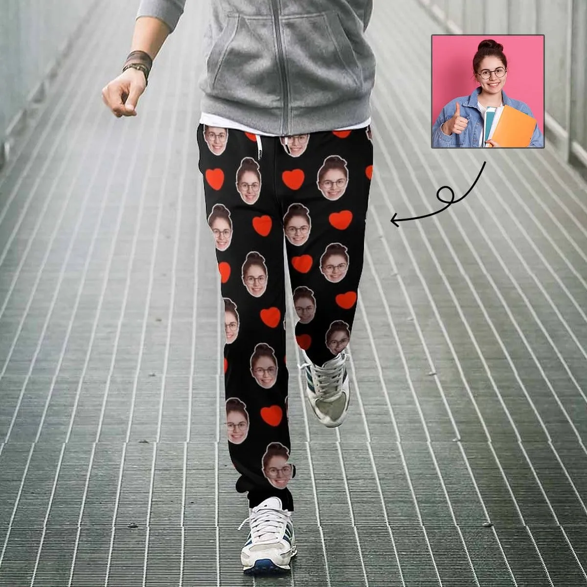 Custom Face Love Pattern Black Sweatpants Couple Matching Personalized Casual Sweatpants