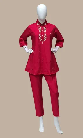 Deep Cerise Embroidered Fusion Kurti & Pants