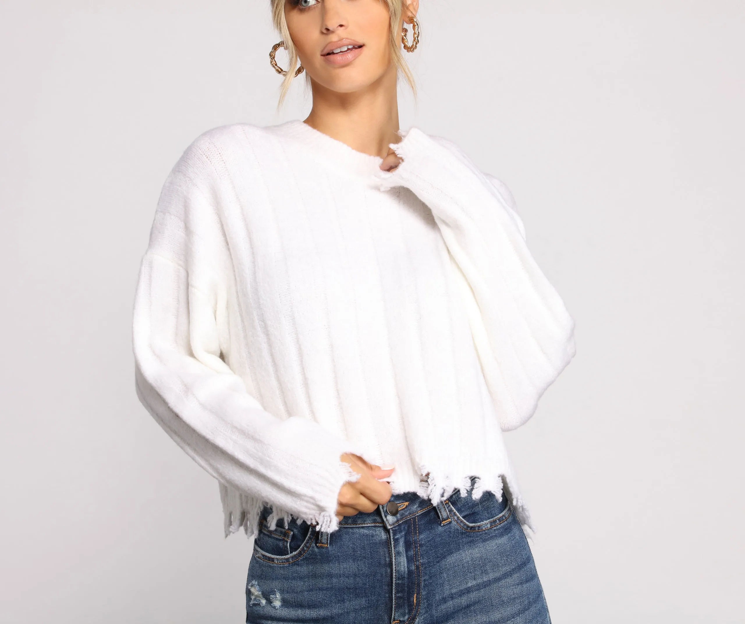 Destructed Knit Long Sleeve Cropped Sweater