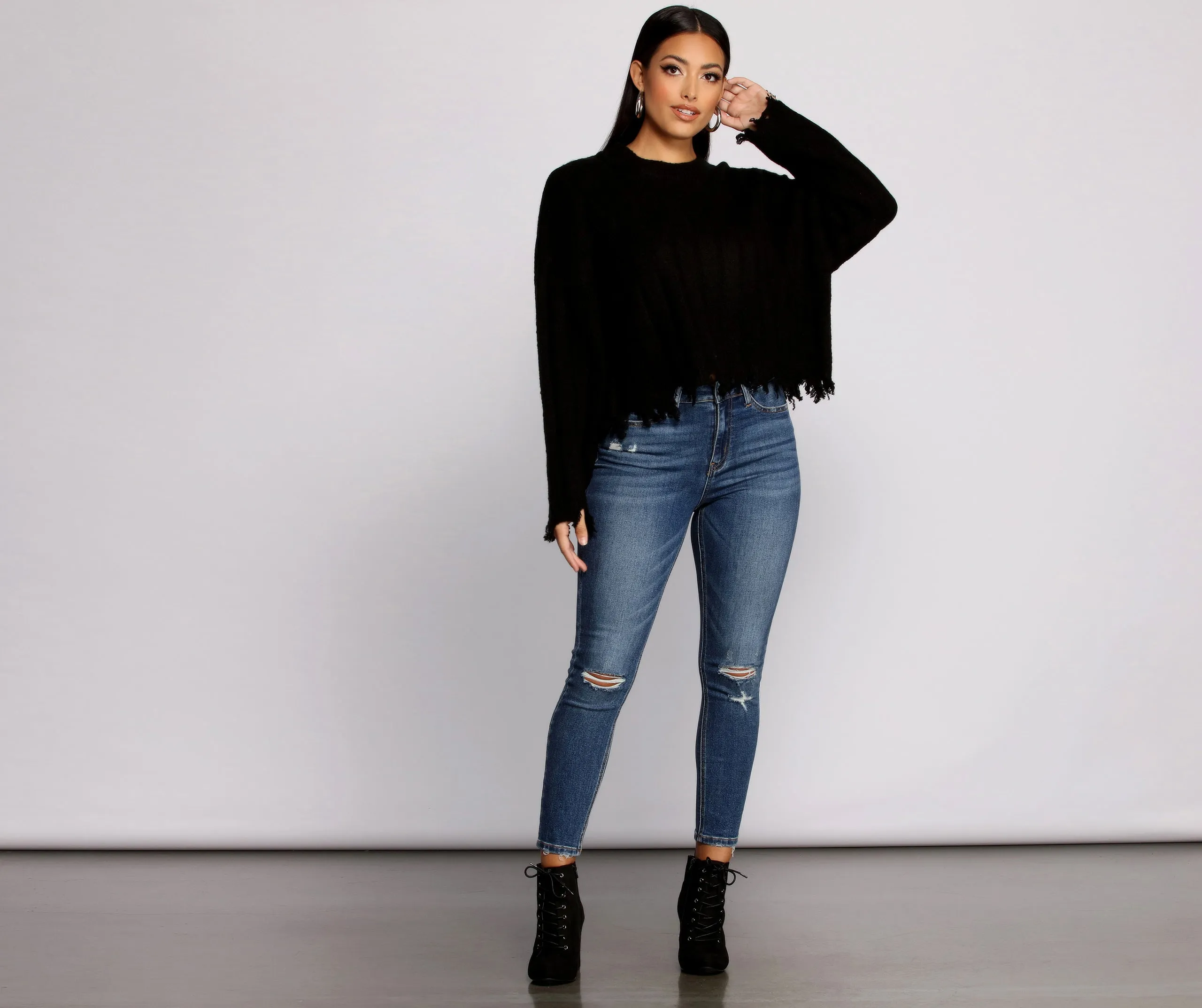 Destructed Knit Long Sleeve Cropped Sweater