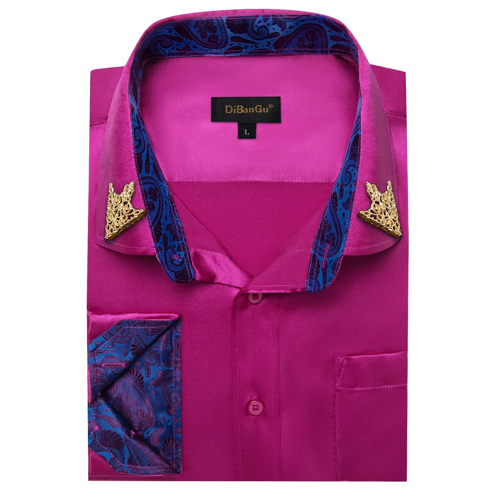 DiBanGu Collar Shirt Royal Fuchsia Purple Satin Splicing Solid Button Down Mens Shirt Design