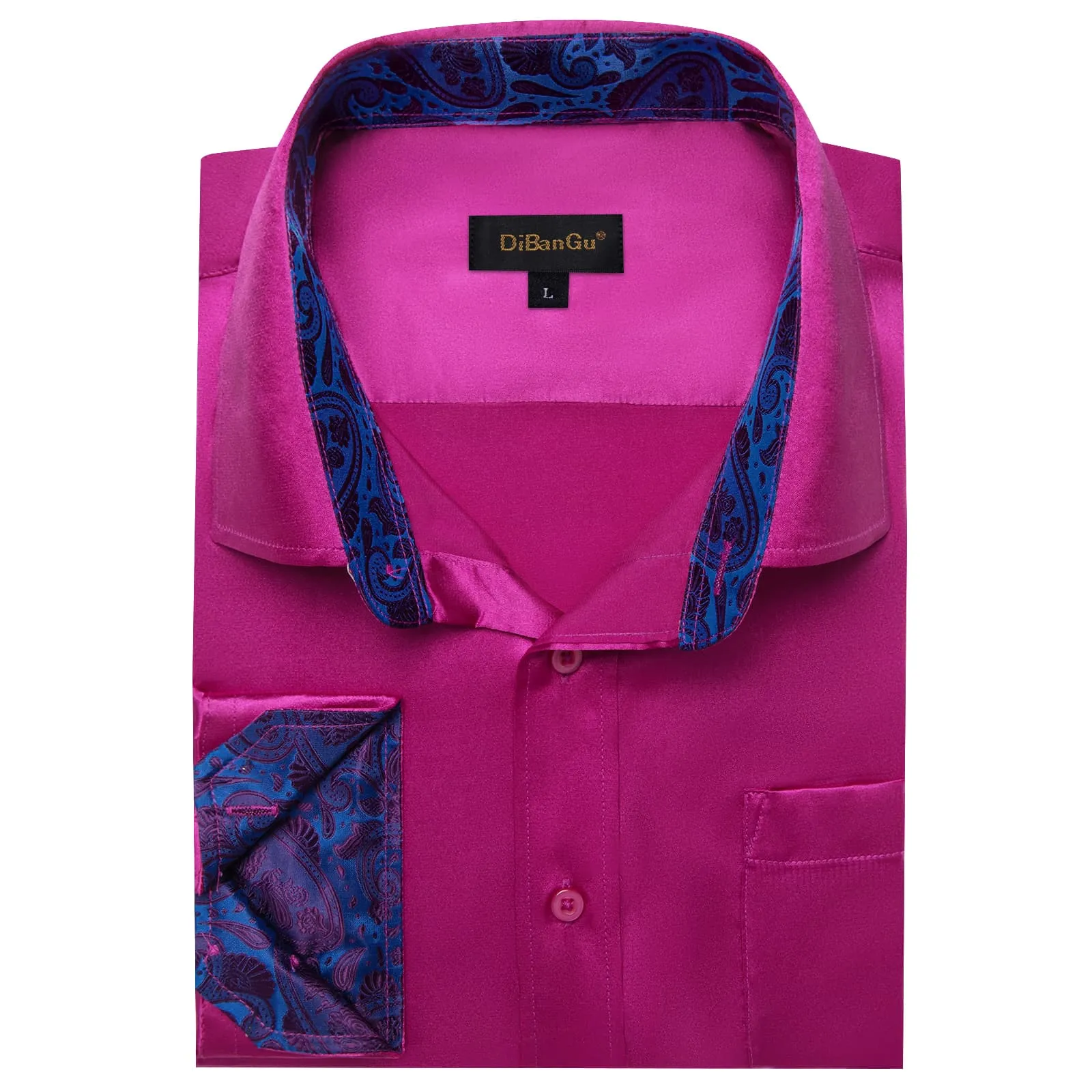 DiBanGu Collar Shirt Royal Fuchsia Purple Satin Splicing Solid Button Down Mens Shirt Design