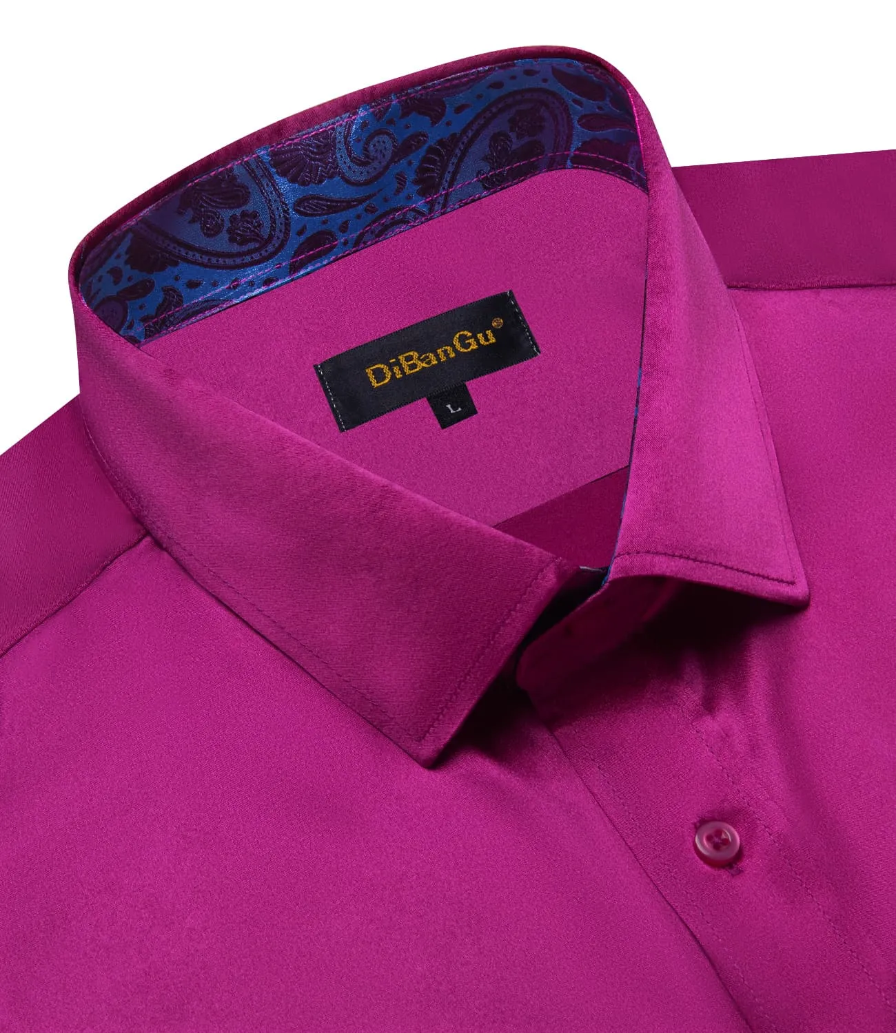 DiBanGu Collar Shirt Royal Fuchsia Purple Satin Splicing Solid Button Down Mens Shirt Design