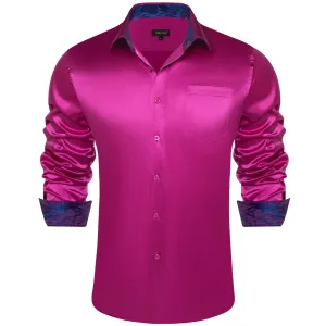 DiBanGu Collar Shirt Royal Fuchsia Purple Satin Splicing Solid Button Down Mens Shirt Design