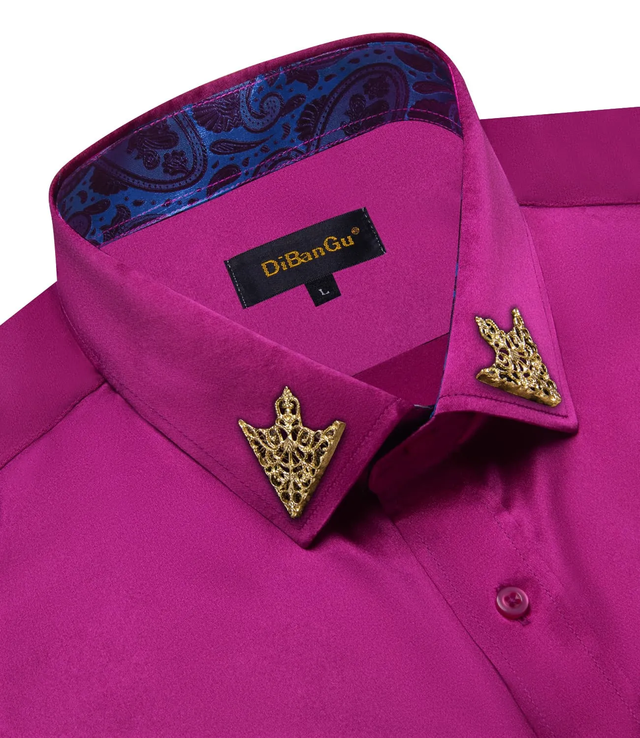 DiBanGu Collar Shirt Royal Fuchsia Purple Satin Splicing Solid Button Down Mens Shirt Design