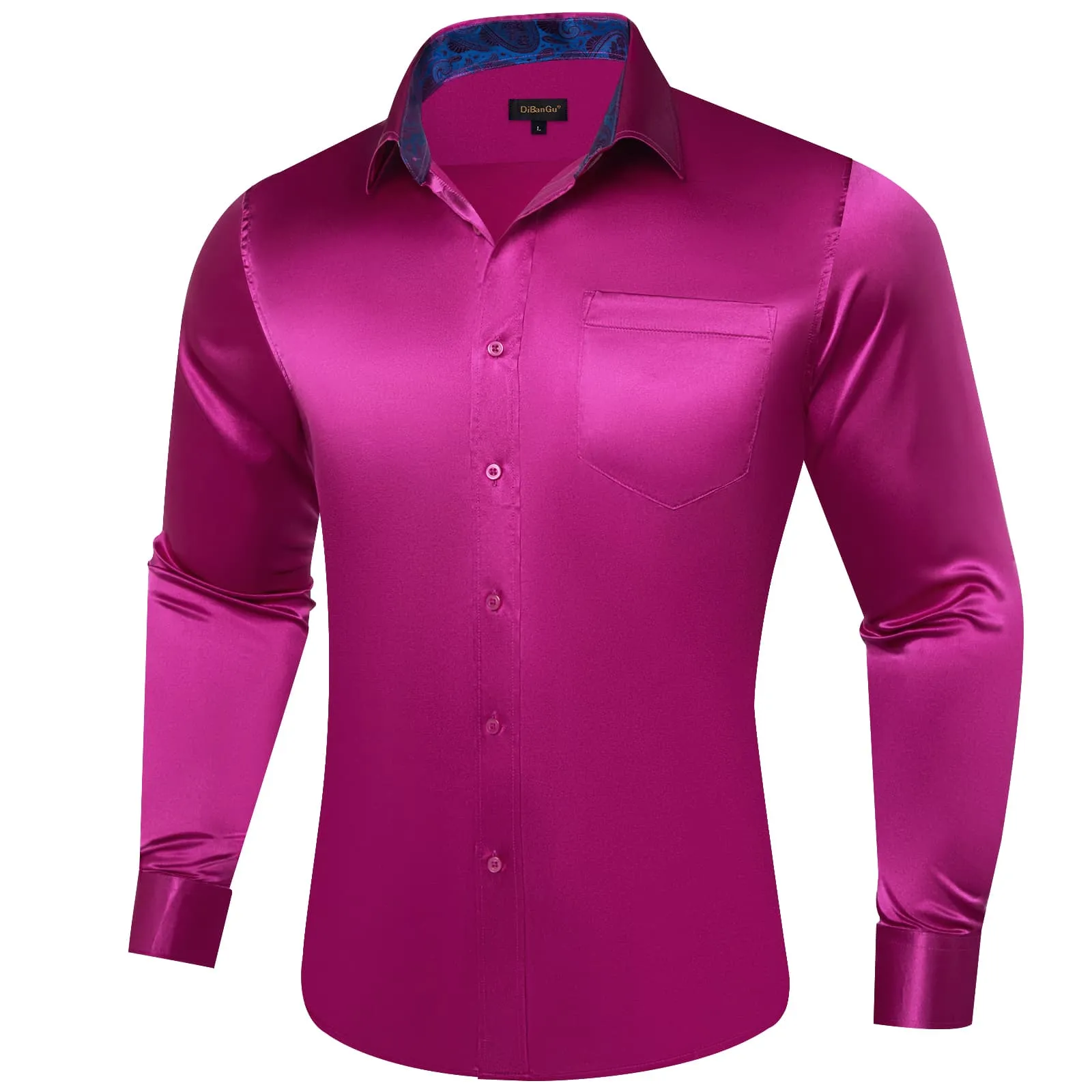 DiBanGu Collar Shirt Royal Fuchsia Purple Satin Splicing Solid Button Down Mens Shirt Design