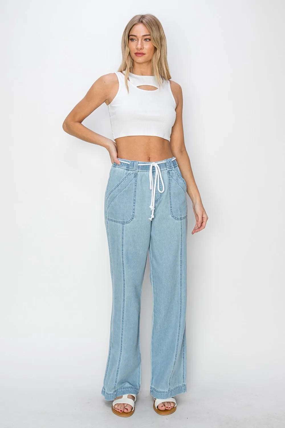 Drawstring High Rise Straight Jeans