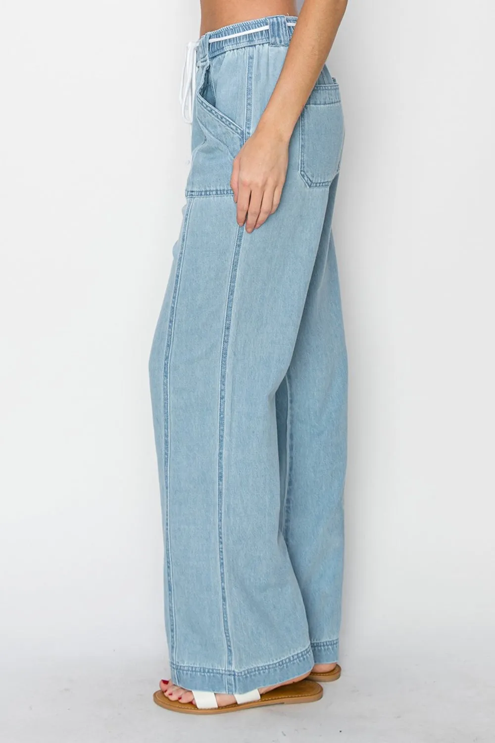 Drawstring High Rise Straight Jeans