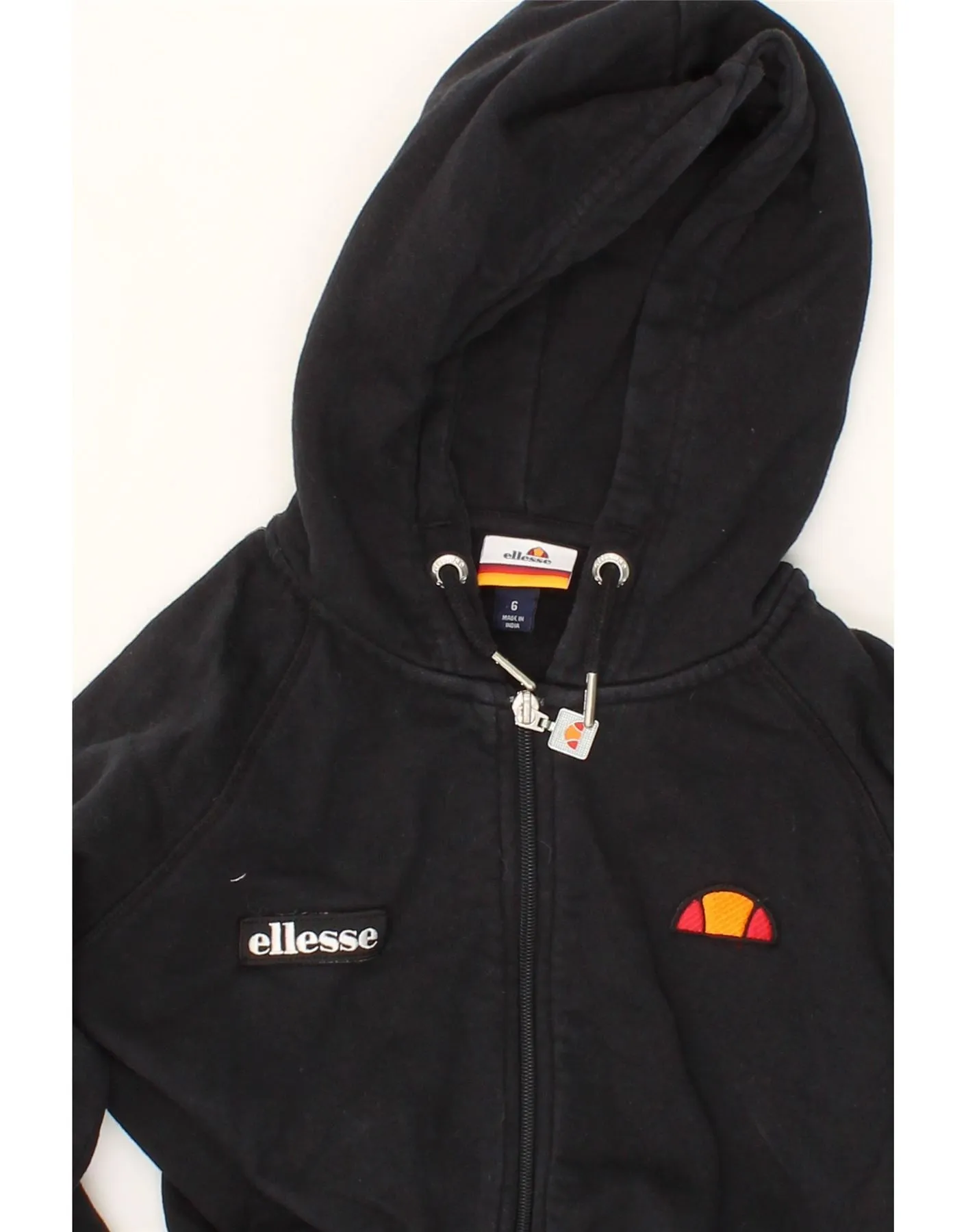 ELLESSE Womens Crop Graphic Zip Hoodie Sweater UK 6 XS Black Cotton