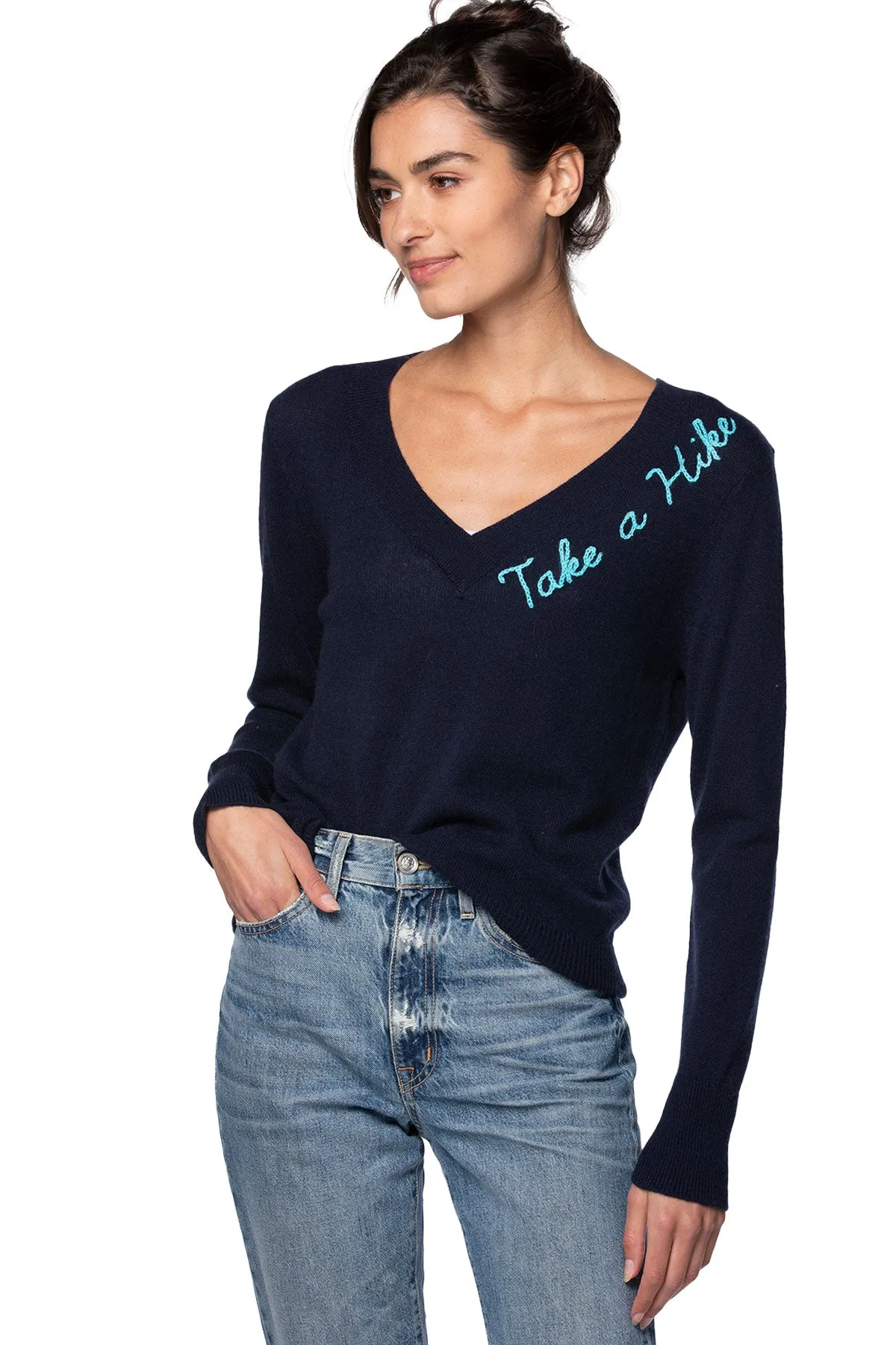 Essential Cashmere V-Neck |  Take a Hike Embroidery Cashmere