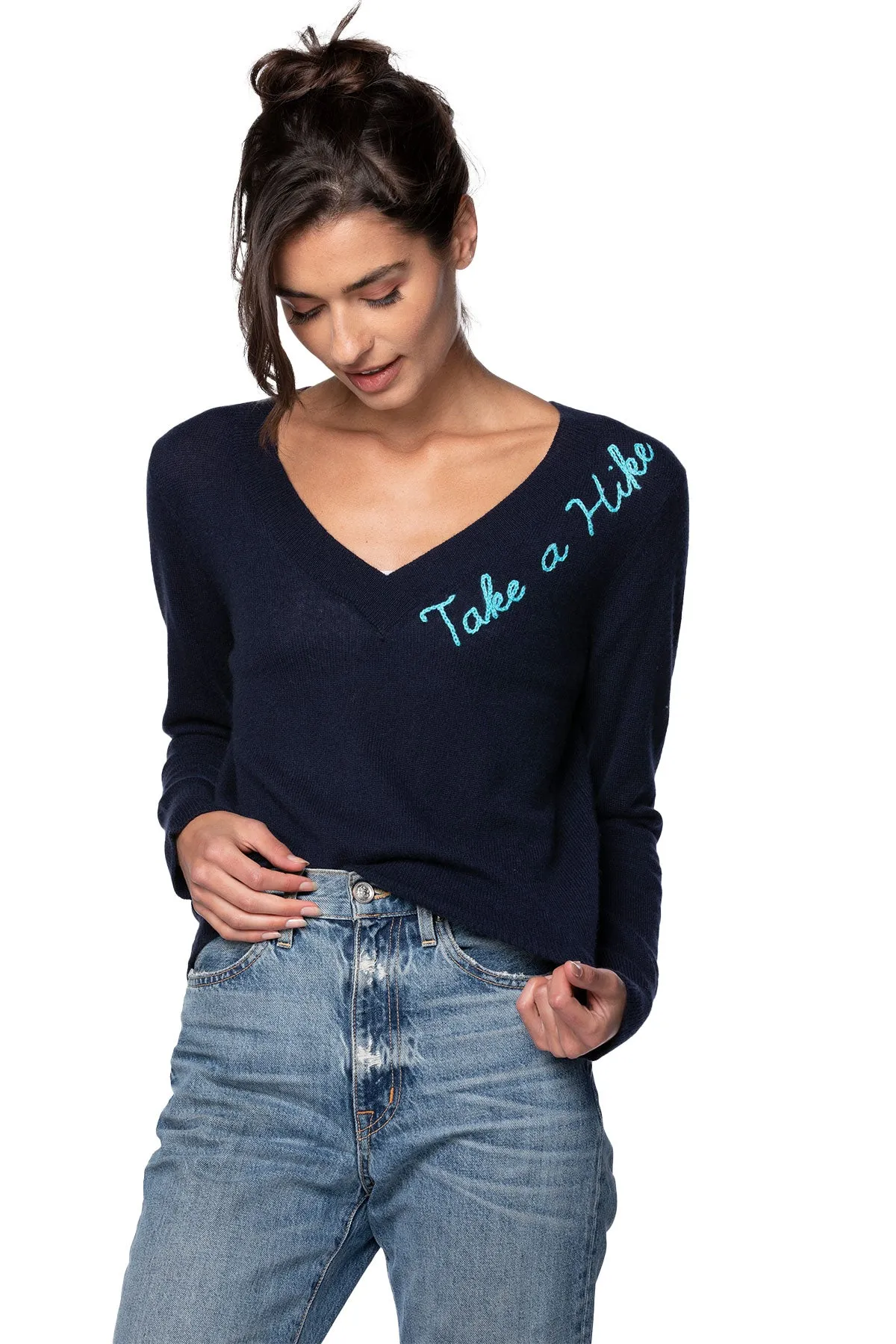 Essential Cashmere V-Neck |  Take a Hike Embroidery Cashmere