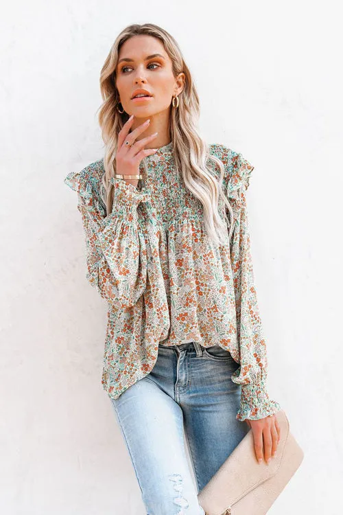 Evermore Floral Print Smocked Ruffle Top - 3 Colors