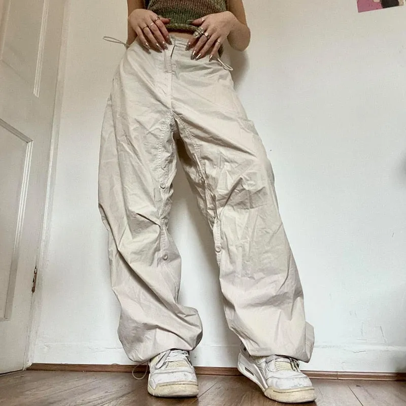 Fashionkova  Women Casual Joggers Tech Pants Oversized Solid Low Waist Drawstring Baggy Trousers Y2K Fashion Wide Leg Cargo Pants Streetwear