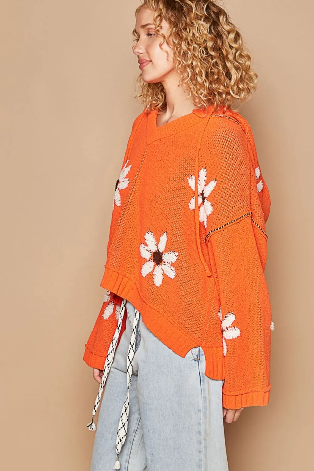 Floral Pattern Hooded High-Low Sweater