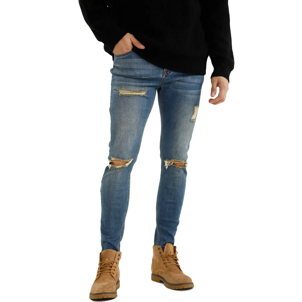 Free Sample Top Quality Side Pocket Ripped Jeans Original Stretch Denim Jeans Mens