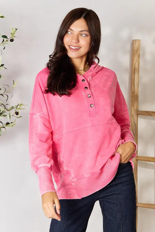 Fuchsia Half Snap Long Sleeve Hoodie with Pockets