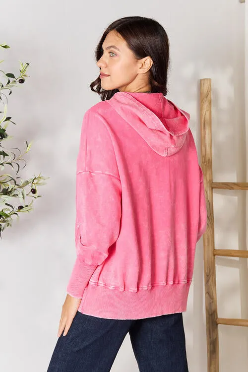 Fuchsia Half Snap Long Sleeve Hoodie with Pockets