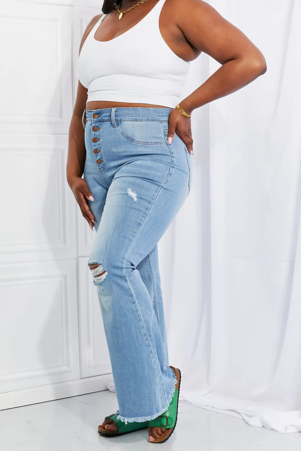 Full Size Jess Button Flare Jeans