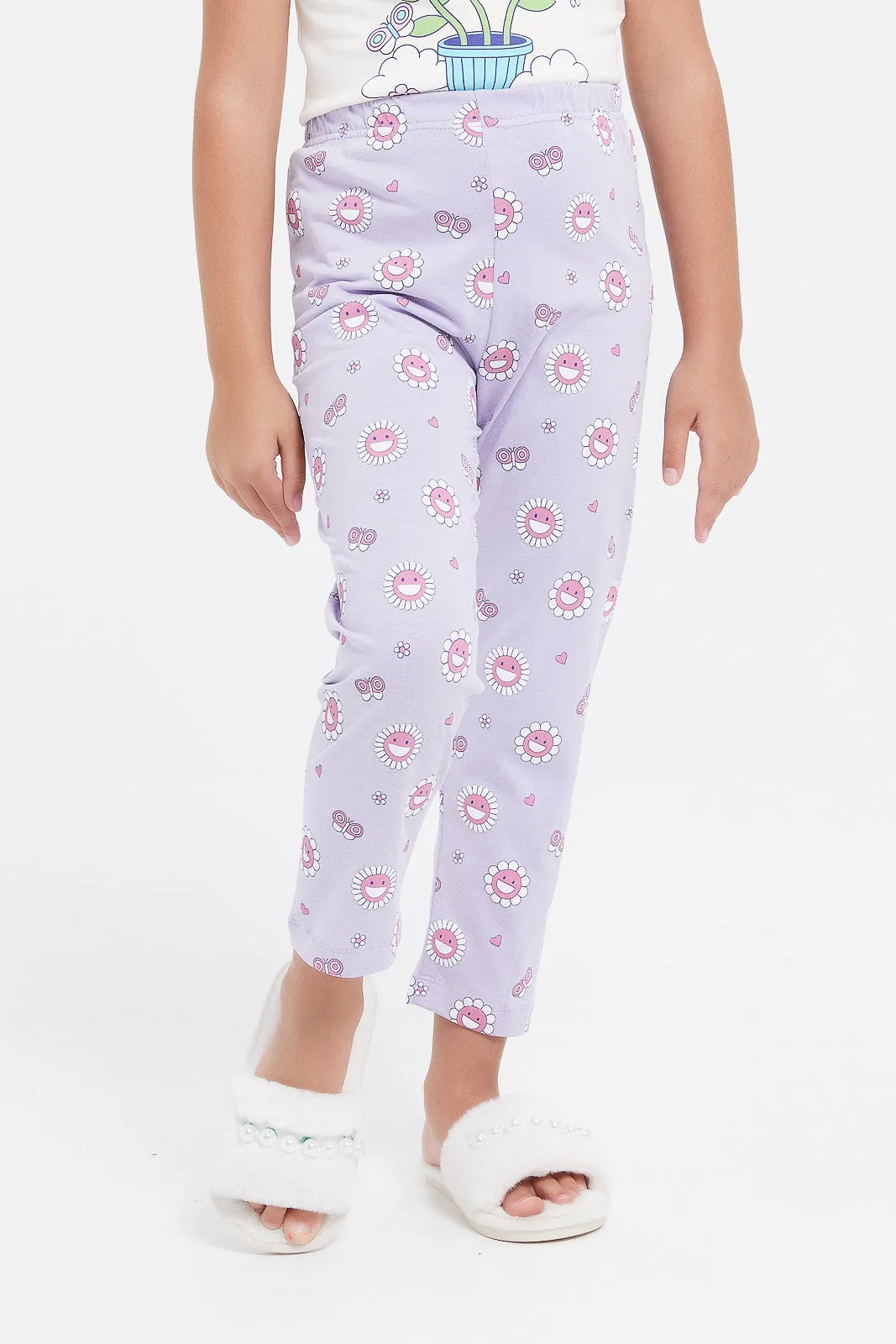 Girls White Flowers Print Pyjama Set (2 Piece)